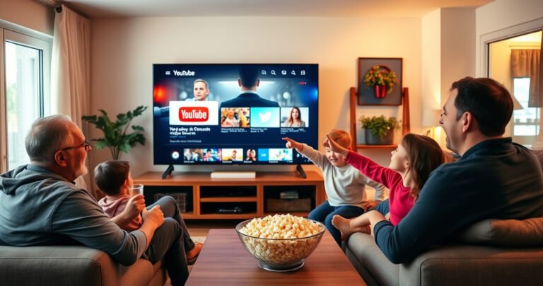 A cozy living room with a large smart TV displaying the YouTube interface, a family gathered on a comfortable couch, bright warm lighting, popcorn bowl on the coffee table, an excited child pointing at the screen, vibrant colors reflecting in their eyes, modern decor, and a sense of enjoyment and togetherness in the air.
