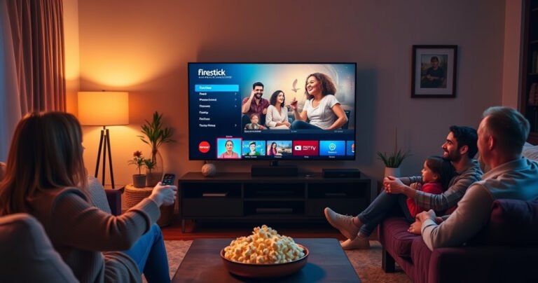 A cozy living room scene featuring a modern smart TV displaying the Firestick interface, a person happily navigating with a remote, warm ambient lighting, plush sofa, popcorn bowl on a coffee table, and a family enjoying movie night, with vibrant colors and a welcoming atmosphere that invites viewers to dive into streaming entertainment.