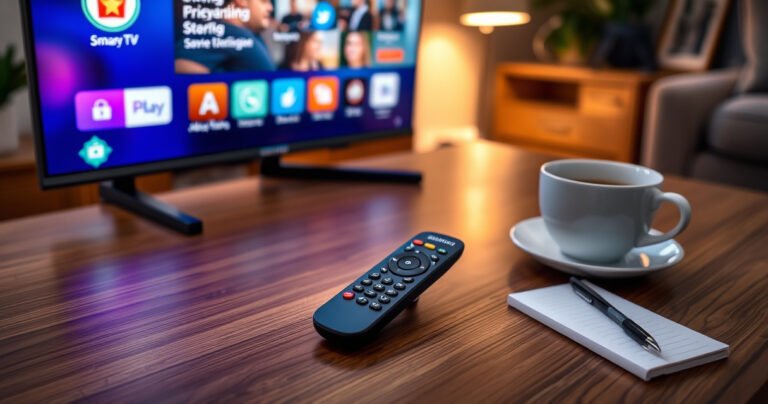 A sleek Samsung Smart TV remote resting on a polished wooden table, surrounded by colorful app icons and a glowing screen displaying a user-friendly interface. Soft ambient lighting creates a cozy living room atmosphere, with a cup of coffee and a notepad nearby, hinting at tips and tricks for seamless setup and navigation.