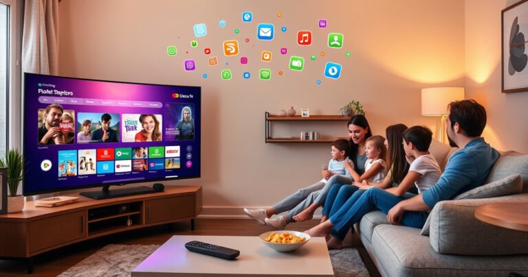A cozy living room with a sleek smart TV displaying vibrant streaming options, a coffee table with a remote and snacks, warm lighting casting a welcoming glow, a family gathered on a comfortable couch, eagerly exploring the TV's features, and colorful tech icons floating above, symbolizing connectivity and entertainment.