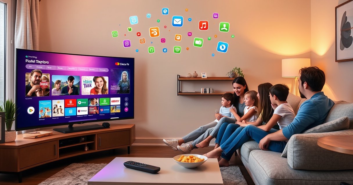 A cozy living room with a sleek smart TV displaying vibrant streaming options, a coffee table with a remote and snacks, warm lighting casting a welcoming glow, a family gathered on a comfortable couch, eagerly exploring the TV's features, and colorful tech icons floating above, symbolizing connectivity and entertainment.