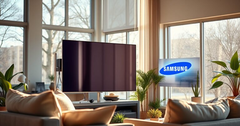 A sleek Samsung Smart TV perched in a modern living room, its vibrant screen displaying a crystal-clear signal. An elegant antenna stands beside it, artfully entwined with colorful cables. Sunlight filters through large windows, illuminating the cozy space filled with plush furniture and decorative plants, creating an inviting atmosphere for tech enthusiasts and home entertainment lovers.