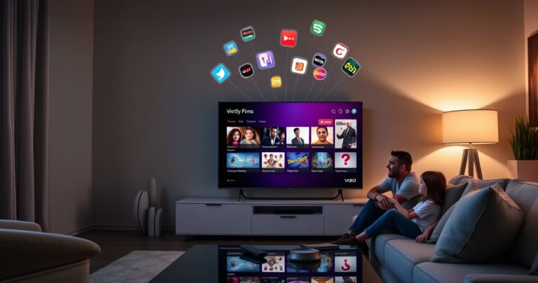 A modern living room featuring a sleek Vizio Smart TV displaying a vibrant, user-friendly interface. Soft ambient lighting creates a cozy atmosphere, while a family gathers on a plush sofa, engaged in a joyful discussion. Colorful streaming icons float above the TV, symbolizing entertainment options, alongside a remote control resting on a stylish coffee table.