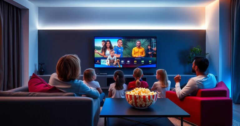 A sleek modern living room with a large smart TV displaying two vibrant channels side by side, a cozy couch with colorful pillows, a bowl of popcorn on a stylish coffee table, soft ambient lighting creating a warm atmosphere, and a family of four excitedly watching together, enjoying their favorite shows simultaneously.