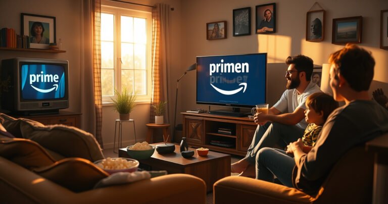 A cozy living room scene featuring a classic non-smart TV surrounded by colorful streaming gadgets, an inviting couch with popcorn bowls, and a remote control, sunlight streaming through a window, casting warm shadows, while a family happily gathers around, eyes glued to the screen, showcasing a vibrant Amazon Prime logo on the television.