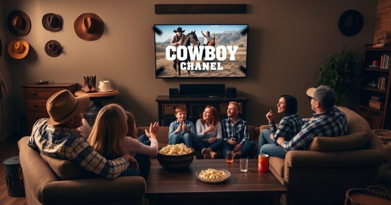 A cozy living room scene with a large smart TV displaying the Cowboy Channel logo, surrounded by rustic decor like cowboy hats, boots, and a wooden coffee table. A family of four sits on a plush couch, joyfully watching a western movie, with popcorn and drinks on the table, soft lighting creating a warm atmosphere.