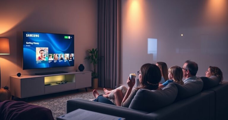 A cozy living room featuring a sleek Samsung Smart TV displaying the DIRECTV interface, with a family gathered on a plush sofa, popcorn in hand, dim lighting creating a warm atmosphere, colorful streaming content visible on the screen, stylish decor blending modern tech with comfort, and a sense of excitement in the air.
