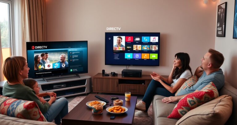 A cozy living room featuring a sleek smart TV displaying the DIRECTV interface, a family gathered around excitedly, snacks on a table, warm lighting creating an inviting atmosphere, colorful cushions on a modern couch, a remote control in hand, and tech gadgets subtly placed around, evoking a sense of comfort and modern entertainment.