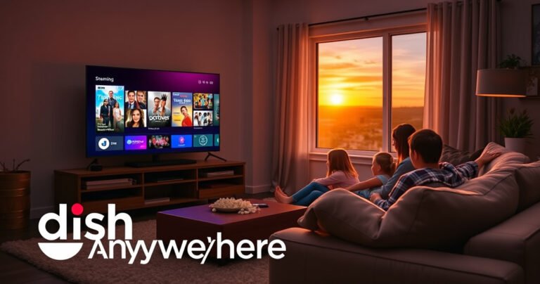 A cozy living room featuring a sleek smart TV displaying vibrant streaming options, a family gathered on a plush sofa, popcorn scattered, warm ambient lighting, and a window revealing a sunset sky. A Dish Anywhere logo subtly incorporated into the scene, emphasizing modern technology and family bonding moments.