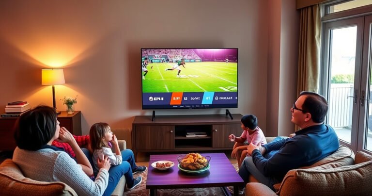 A sleek LG Smart TV displaying vibrant ESPN Plus content, surrounded by cozy living room decor. A family gathers on a plush sofa, excitedly watching a thrilling sports moment, with snacks on a coffee table. Soft warm lighting enhances the inviting atmosphere, while a window shows a glimpse of a sunny day outside.