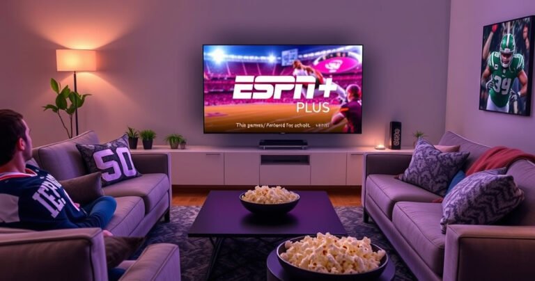 A modern living room featuring a sleek Vizio Smart TV displaying the ESPN Plus logo, vibrant sports highlights playing, cozy sofas adorned with team jerseys, popcorn bowls on a stylish coffee table, warm ambient lighting, and a football game poster on the wall, evoking excitement and comfort for sports fans ready to stream their favorite games.