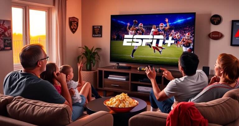 A cozy living room featuring a sleek smart TV displaying the ESPN+ logo, surrounded by plush seating, a bowl of popcorn, and vibrant sports memorabilia. Soft, warm lighting enhances the inviting atmosphere, while a family of four, excitedly cheering, is engaged in a thrilling live sports event. A window reveals a sunset outside, adding a touch of warmth.