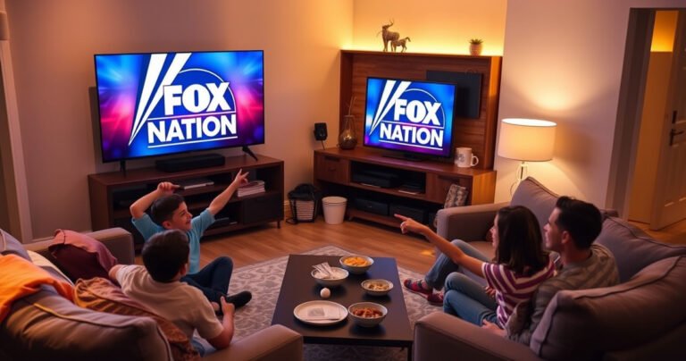 A cozy living room with a sleek smart TV displaying the Fox Nation logo, surrounded by plush couches and warm lighting. A family sitting together, excitedly pointing at the screen, and snacks on a coffee table. The ambiance is inviting, showcasing a blend of technology and comfort for an engaging viewing experience.