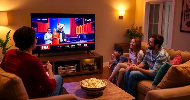 A cozy living room featuring a modern Vizio Smart TV displaying a vibrant scene from a popular Fox show, warm lighting creating a welcoming atmosphere. Plush sofas adorned with colorful cushions, a bowl of popcorn on the coffee table, and a family gathered around, laughing and engaging with the screen, evoking a sense of togetherness and entertainment.