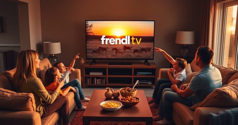 A cozy living room featuring a sleek smart TV displaying the Frndly TV logo, surrounded by plush sofas and a coffee table with snacks. Warm, inviting lighting casts a golden glow, while family members gather, excitedly pointing at the screen. A window reveals a sunset, enhancing the relaxed, joyful atmosphere of family entertainment.