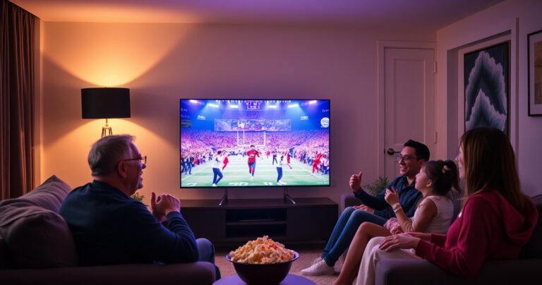 A cozy living room featuring a sleek Samsung Smart TV displaying a vibrant live stream, surrounded by a stylish sofa, warm ambient lighting, popcorn bowls, and an excited family gathered around, engaged in the experience, with soft shadows and a feeling of connectivity and joy in the air.