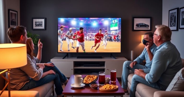 A cozy living room featuring a sleek Samsung Smart TV displaying vibrant live sports, surrounded by family members cheering joyfully. Soft ambient lighting casts a warm glow, with snacks and drinks on a stylish coffee table. The walls are adorned with framed family photos, creating an inviting atmosphere for a perfect TV-watching experience.