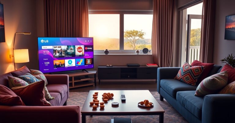 A modern living room featuring a sleek LG Smart TV displaying vibrant local channels, with a cozy couch adorned with colorful cushions, a glowing floor lamp casting a warm ambiance, and a window showing a sunny outdoor scene. Scattered snacks and a remote control on a stylish coffee table, embodying a perfect viewing experience.