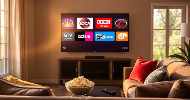 A cozy living room featuring a sleek Vizio Smart TV displaying vibrant local channel logos. Soft golden light spills in through a large window, illuminating a plush sofa with colorful throw pillows. A bowl of popcorn sits on the coffee table, alongside a remote control, inviting viewers to enjoy their favorite shows in comfort.