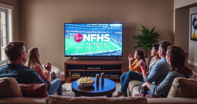 A cozy living room featuring an LG Smart TV displaying the NFHS Network logo, surrounded by plush seating, a bowl of popcorn, and excited family members watching a high school sports event. Soft lighting highlights the vibrant colors of the screen, capturing the anticipation and joy of game day.