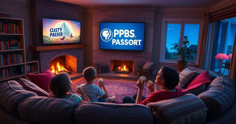 A cozy living room with a large smart TV displaying the PBS Passport logo, surrounded by plush couches and a warm glow from a fireplace. A family gathers, popcorn in hand, immersed in a colorful scene from a PBS show. Soft pillows, bookshelves filled with stories, and a window revealing a starry night create a welcoming atmosphere.