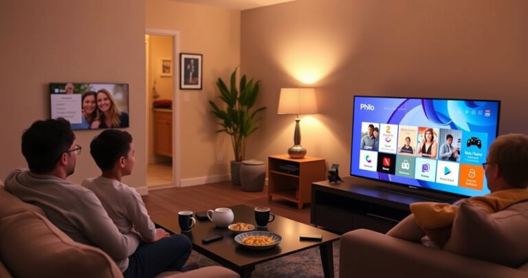 A cozy living room scene featuring an LG Smart TV displaying the Philo app interface, with a family enjoying a movie night on a comfortable couch, snacks on the coffee table, warm lighting creating a welcoming atmosphere, and a hint of technology with remote controls and a smartphone nearby.