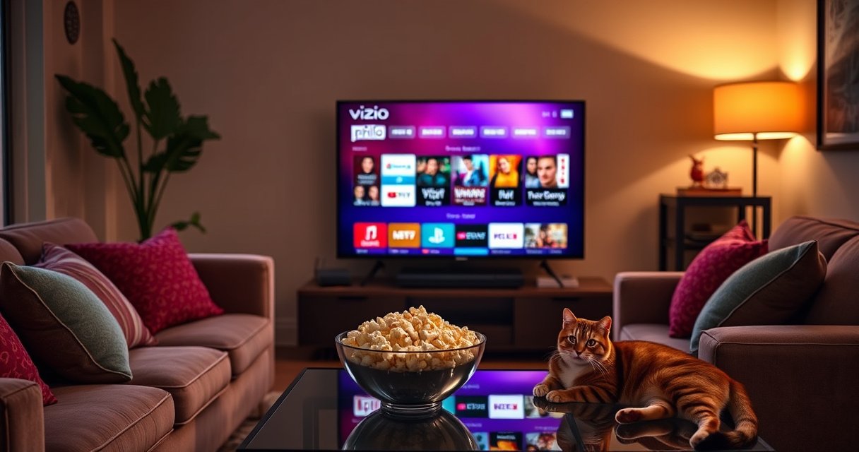 A cozy living room scene featuring a sleek Vizio Smart TV displaying the Philo app interface. Soft, warm lighting bathes the room, with a plush sofa adorned with colorful cushions. A bowl of popcorn sits on a stylish coffee table, and a curious cat lounges nearby, creating an inviting atmosphere for streaming entertainment.