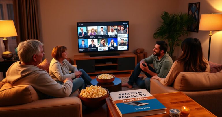 A cozy living room showcasing a sleek smart TV displaying classic TV shows, surrounded by a plush sofa, warm lighting, and a bowl of popcorn. A family gathers, laughing together, with a remote in hand. On a nearby table, a guidebook titled "Watch Regular TV Made Easy" hints at the article's theme.