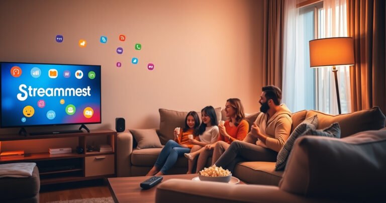 A cozy living room scene featuring a modern smart TV displaying the Streameast logo, with a family gathered on a plush sofa, popcorn in hand, colorful streaming icons floating around, warm lighting casting a welcoming glow, and a sleek remote control on the coffee table, creating an inviting atmosphere for entertainment and family bonding.