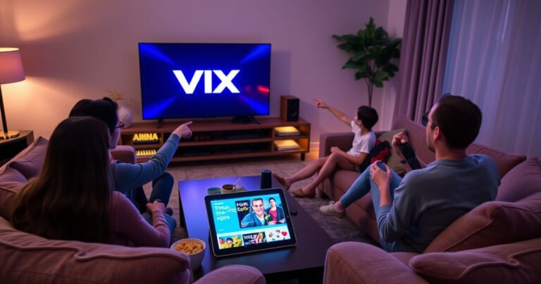 A cozy living room with a modern smart TV displaying the VIX logo, surrounded by plush couches and warm lighting. A family gathers, eagerly pointing at the screen, snacks on the coffee table, while a remote rests beside a glowing tablet showcasing streaming tips. The atmosphere is inviting and tech-savvy, perfect for entertainment.