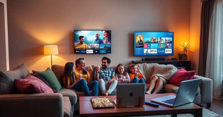 A cozy living room with a sleek smart TV displaying vibrant streaming content, a family joyfully gathered on a plush sofa, popcorn in hand, colorful cushions scattered around, warm ambient lighting casting a soft glow, a coffee table featuring a laptop and remote controls, all set against a backdrop of modern decor and inviting home atmosphere.