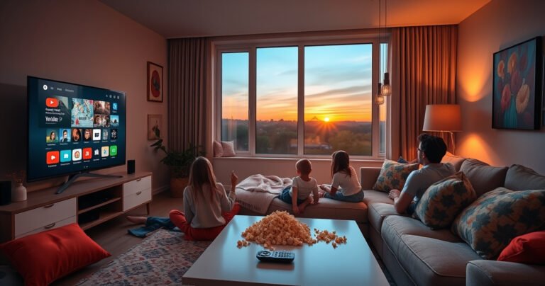 A cozy living room with a modern smart TV displaying the YouTube TV interface, a family of four enjoying popcorn on a plush sofa, warm ambient lighting, colorful cushions scattered around, a sleek coffee table with a remote control, vibrant artwork on the walls, and a window showing a sunset outside, creating an inviting atmosphere.