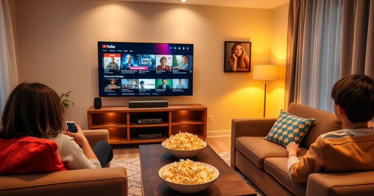 A cozy living room featuring a sleek smart TV displaying the YouTube homepage, vibrant thumbnails of popular videos glowing on the screen. Plush sofas adorned with colorful cushions, a bowl of popcorn on a coffee table, and warm ambient lighting creating an inviting atmosphere, perfect for a family movie night experience.