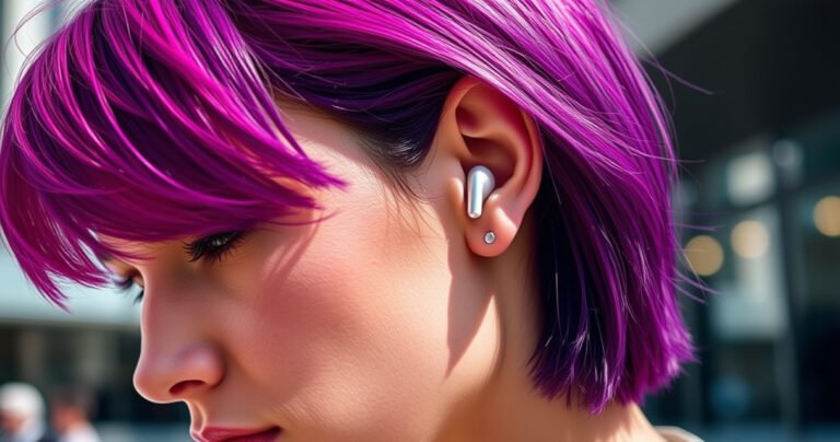 A close-up of a stylish person with vibrant hair, wearing Apple earphones, showcasing the perfect fit. The background features a modern, urban landscape with soft bokeh lights, emphasizing a sense of lifestyle and connectivity. The earphones gleam in the sunlight, highlighting their sleek design and comfort, inviting viewers to explore the ultimate audio experience.