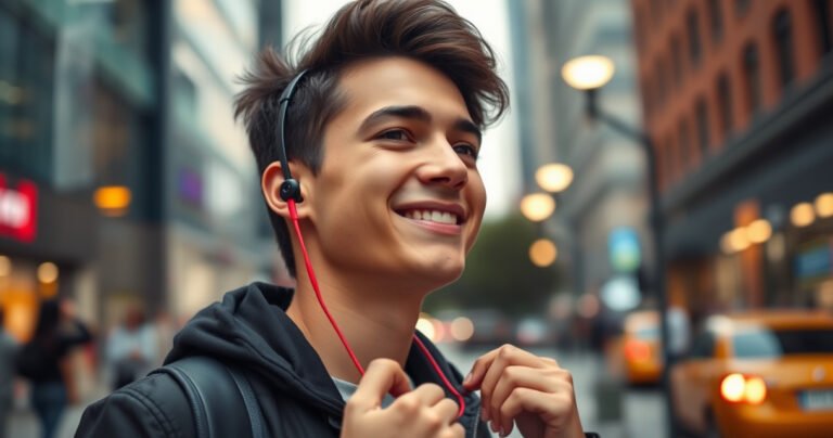 A stylish young adult in a vibrant urban setting, wearing sleek Beats earbuds, their colorful design contrasting with a modern cityscape. The person smiles while adjusting the earbuds, showcasing a perfect fit. Nearby, a soft, glowing light highlights the comfort and style, with blurred city life in the background, emphasizing the essence of music and connectivity.