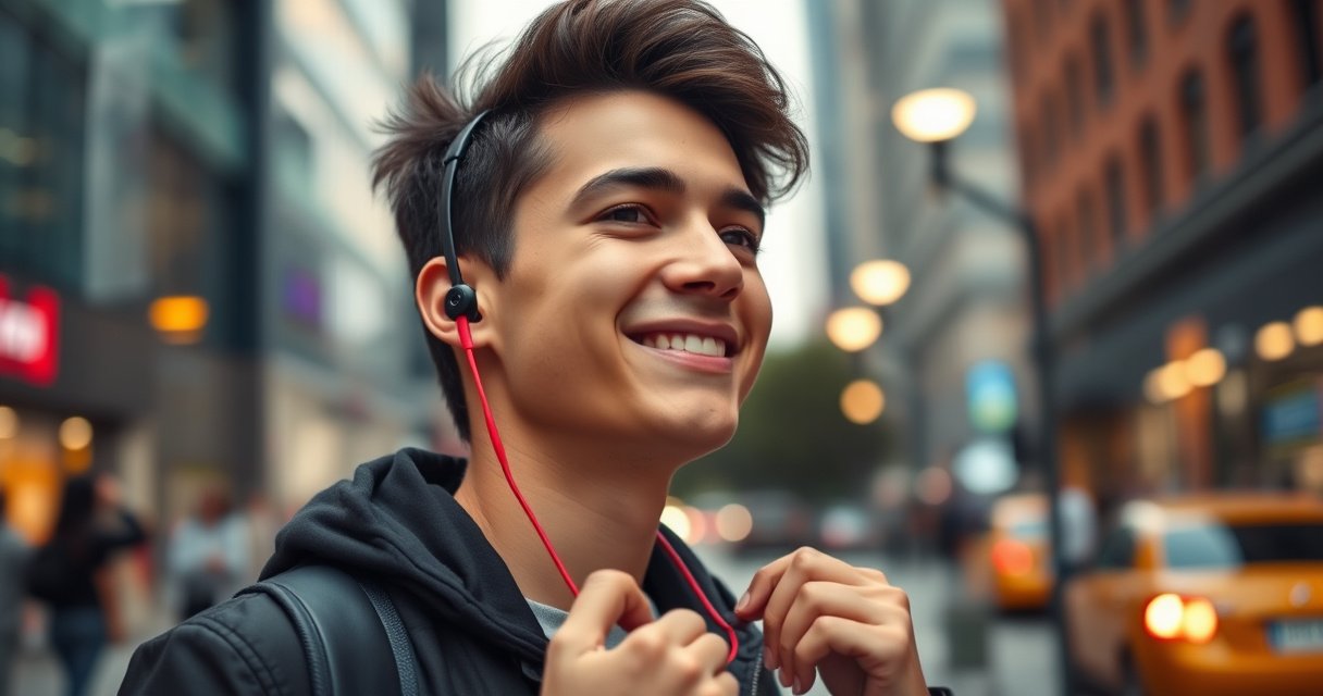 A stylish young adult in a vibrant urban setting, wearing sleek Beats earbuds, their colorful design contrasting with a modern cityscape. The person smiles while adjusting the earbuds, showcasing a perfect fit. Nearby, a soft, glowing light highlights the comfort and style, with blurred city life in the background, emphasizing the essence of music and connectivity.