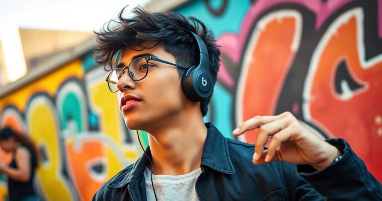 A stylish young person in a vibrant urban setting, confidently wearing sleek Beats earphones, showcasing perfect fit and placement. Bright street art in the background, capturing a sense of rhythm and energy. The subject is engaged in a lively moment, with dynamic motion and expressions that embody music and modern lifestyle, complemented by trendy attire.