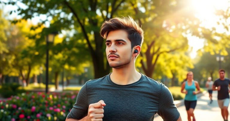 A stylish individual in a modern urban setting, effortlessly wearing sleek Bluetooth earbuds while jogging in a vibrant park. Sunlight filters through lush trees, casting playful shadows. The person exudes confidence, with a focused yet relaxed expression, surrounded by colorful flowers and fellow joggers, embodying a blend of technology and a healthy lifestyle.