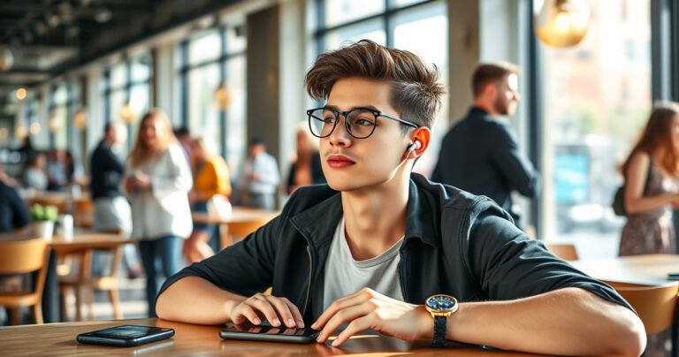 A stylish young person confidently wearing sleek Bluetooth earphones, seated in a modern urban café. The bright sunlight filters through large windows, illuminating their relaxed posture and focused expression, with a smartphone on the table displaying a music playlist. In the background, cheerful patrons mingle, creating a vibrant atmosphere of technology and lifestyle.