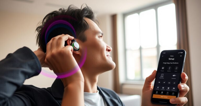 A stylish individual in a modern, minimalist room effortlessly adjusting sleek Bluetooth earphones, with vibrant sound waves visually emanating from them. Soft natural light filters through a large window, accentuating their focused expression as they explore various earbud sizes. Nearby, a smartphone displays a user-friendly app interface, inviting an engaging setup experience.
