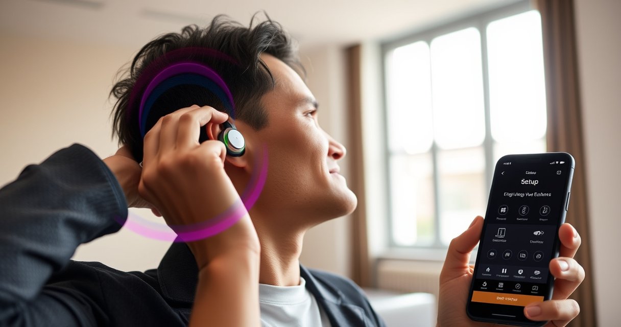 A stylish individual in a modern, minimalist room effortlessly adjusting sleek Bluetooth earphones, with vibrant sound waves visually emanating from them. Soft natural light filters through a large window, accentuating their focused expression as they explore various earbud sizes. Nearby, a smartphone displays a user-friendly app interface, inviting an engaging setup experience.