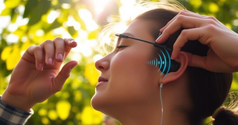 A close-up of a person adjusting bone conduction earbuds on their head, showcasing the sleek design and ergonomic fit. The background features a vibrant outdoor setting, with sunlight filtering through leaves, enhancing the modern tech vibe. The person's expression reflects focus and enjoyment, with subtle sound waves visually emanating from the earbuds, symbolizing immersive audio experience.