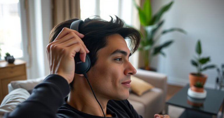 A close-up of a person in a cozy, modern living room, wearing sleek Bose earphones, comfortably adjusting them on their ears. Soft ambient light filters through a window, highlighting their relaxed expression. Surrounding them are hints of a stylish lifestyle, with a plush couch, a trendy coffee table, and a vibrant potted plant in the background.