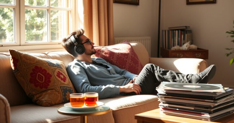 A cozy living room scene with a stylish person lounging on a plush sofa, wearing sleek over-the-ear earphones. Sunlight streams through a window, illuminating colorful cushions and a small side table with a steaming cup of tea. Nearby, a neatly arranged stack of vinyl records enhances the atmosphere of comfort and music enjoyment.