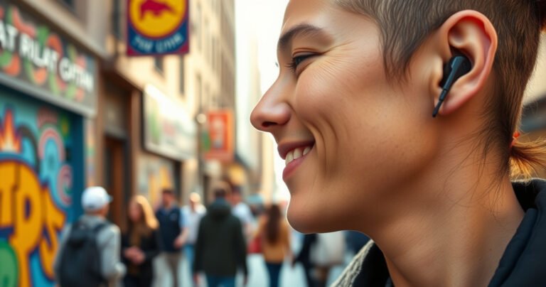 A close-up of a stylish individual wearing sleek Raycon earbuds, immersed in vibrant city life. The background features colorful street art and bustling pedestrians, while the person demonstrates perfect earbud fit with a confident smile. Soft sunlight illuminates their face, highlighting a sense of comfort and connection to music in a dynamic urban setting.