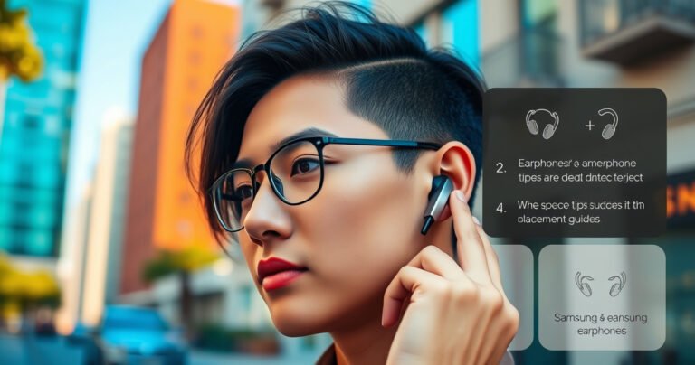 A stylish individual wearing sleek Samsung earphones, demonstrating proper fit and placement. The backdrop features a vibrant urban setting, with soft morning light illuminating their focused expression. Nearby, a subtle digital overlay of earphone tips and placement guides enhance the scene, blending technology and fashion seamlessly in a modern lifestyle.