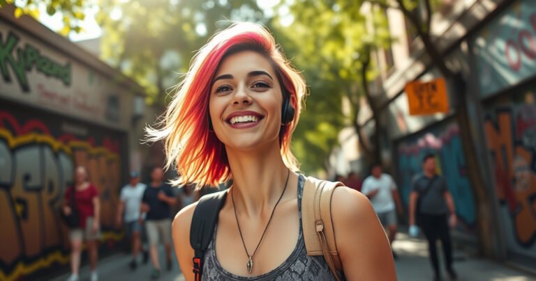 A stylish young woman in a vibrant urban setting, confidently wearing Skullcandy Jib True Wireless Earbuds. She has bright, colorful hair, a trendy outfit, and is enjoying music while walking. The background features graffiti art and bustling street life, capturing a dynamic, energetic atmosphere. Sunlight filters through trees, highlighting her joyful expression.