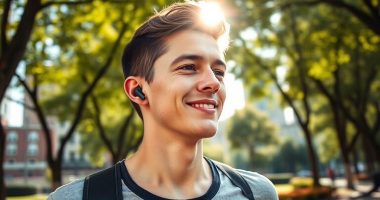 A close-up of a stylish young person jogging in an urban park, wearing Skullcandy wireless earbuds, with vibrant cityscapes in the background. Their expression is focused and content, showcasing the earbuds snugly in their ears. Sunlight filters through green trees, highlighting the earbuds' sleek design and the juxtaposition of technology with nature.