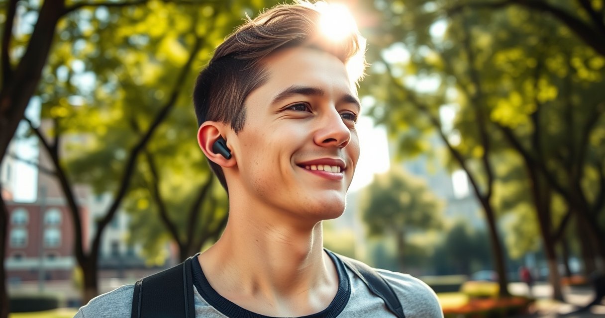 A close-up of a stylish young person jogging in an urban park, wearing Skullcandy wireless earbuds, with vibrant cityscapes in the background. Their expression is focused and content, showcasing the earbuds snugly in their ears. Sunlight filters through green trees, highlighting the earbuds' sleek design and the juxtaposition of technology with nature.