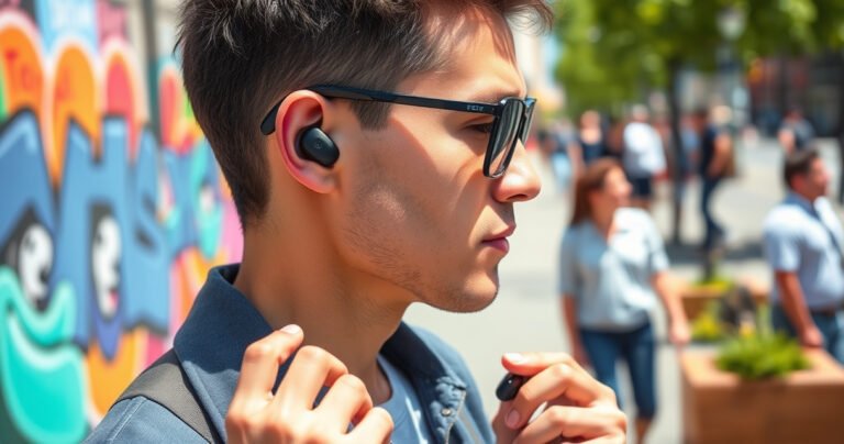 A stylish individual comfortably wearing TOZO earbuds in a modern, vibrant urban setting. The focus is on the earbuds nestled snugly in their ears, with a close-up of fingers effortlessly adjusting the controls. The background features lively street art and people enjoying a sunny day, emphasizing a blend of technology and lifestyle.